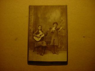 Antique Cabinet Card Of 2 Girls Playing Violin And Guitar