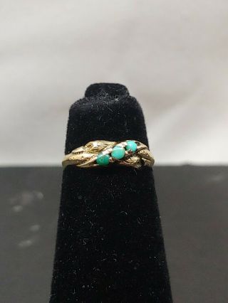 Antique 10K Yellow Gold Child ' s Ring With 3 Turquoise Stones Size 1.  5 2