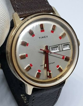 Runs Good Timex Marlin Mens Vintage 1974 Rare Red Gold Wind Up Mechanical Watch