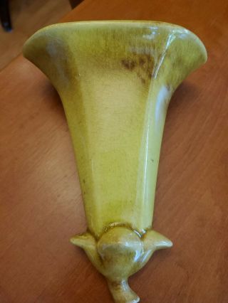 Vintage Trumpet Flower Ceramic Yellowish Green Wall Pocket Planter Vase 8 "