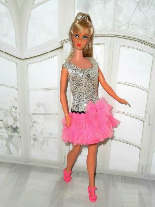 Vintage Barbie Vhtf Mod Clone Silver Brocade Pink Ruffle Party Dress & Heels