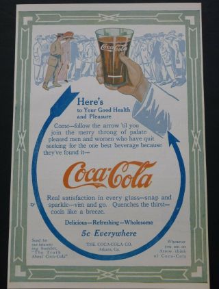 Rare Orig 1911 Antique Coca Cola Soda – Good Health Arrow Color Print Ad Vtg