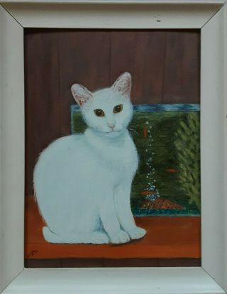 Vintage 1972 Oil Painting Signed And Framed,  Portrait Of Pet Cat Paddy