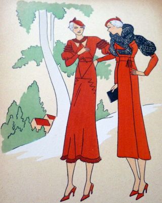 Rare 1930s Art Deco Pochoir Fashion Dress Hand Painted Print Charlotte Revyl