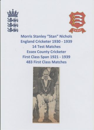 Stan Nicholls England Cricketer 1930 - 1939 Tests X 14 Rare Hand Signed