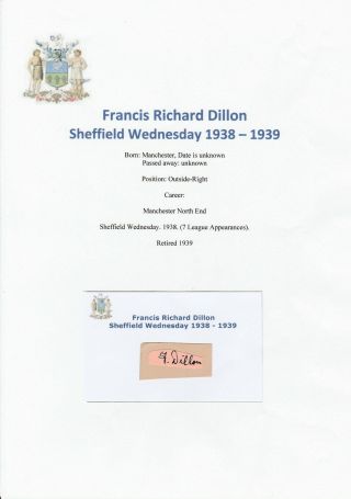 Francis Dillon Sheffield Wednesday 1938 - 1939 Very Rare Signed Cutting