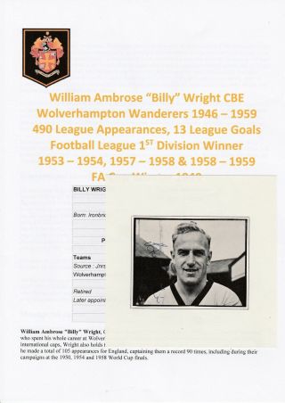 Billy Wright Wolverhampton Wanderers 1946 - 1959 Rare Orig Signed Annual Cutting