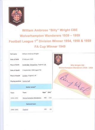 Billy Wright Wolverhampton Wanderers 1939 - 1959 Rare Hand Signed Cutting