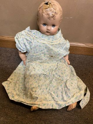 Rare Antique Composition Baby Doll Molded Hair Vintage Blue Dress Grey Eyes
