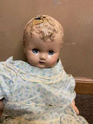 Rare Antique Composition Baby Doll Molded Hair Vintage Blue Dress Grey Eyes 2