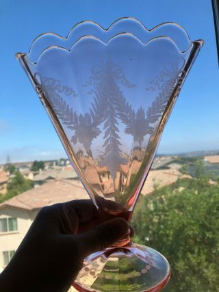 Unique Rare Pink Depression Glass Fan Vase Etched Art Deco Fancy