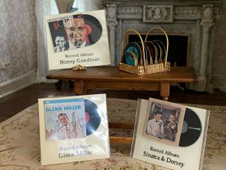 Vintage Miniature Dollhouse Bodo Hennig Brass Record Holder & Set Vinyl Albums