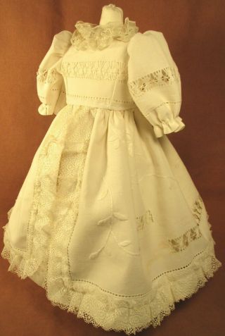 Vintage Dress For 17 " - 18 " Bisque Doll - Ivory Cotton W/lace & Embroidery