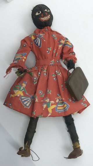 Antique Black Memorabilia Americana 9” Doll Hand Made Folk Art Lady Woman Dress