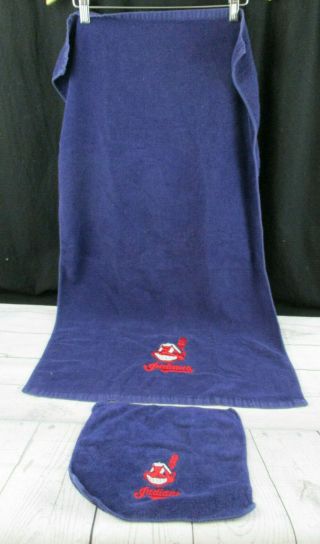 Vtg Cleveland Indians Chief Wahoo Mlb Blue Bath Towel W/matching Wash Cloth Rare