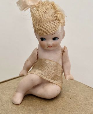 Rare Antique German Small 2” Bisque Jointed Arms Sitting Position Doll Adorable
