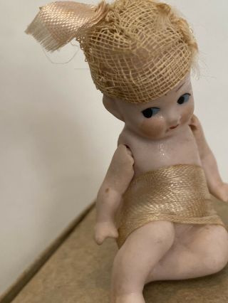 Rare Antique German Small 2” Bisque Jointed Arms Sitting Position Doll Adorable 2