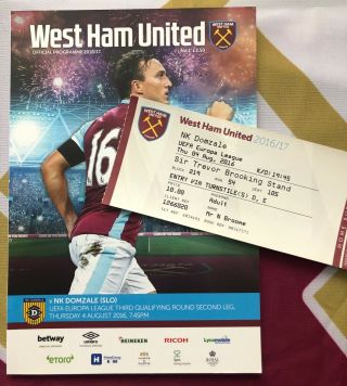 West Ham Utd Vs Nk Domzale 2016/17 Programme & Rare Ticket,  First Game @ Stadium