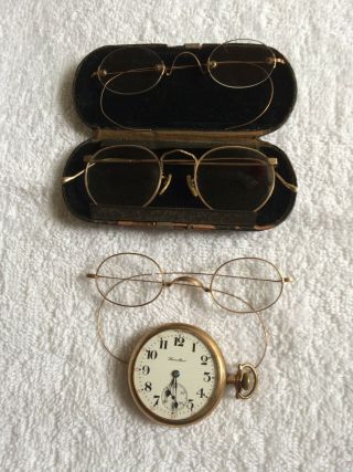 Antique Hamilton Pocket Watch & 3 Pairs Of Antique Eyeglasses (spectacles)