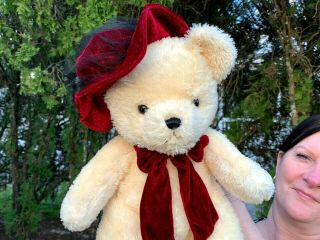 Very Rare Vintage Skm Teddy Bear W/maroon Hat & Bow 18 " Plush Stuffed Animal Toy