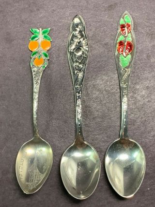 3 - Sterling & Enamel Souvenir Spoons - Hawaii - Anthurium,  Hibiscus,  Honolulu,  Orange