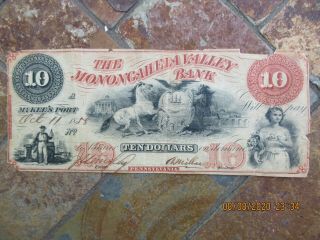 Antique 1858 Pennsylvania The Monongahela Valley Bank,  Ten Dollar Bank Note