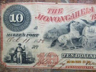 Antique 1858 Pennsylvania The Monongahela Valley Bank,  Ten Dollar Bank Note 2
