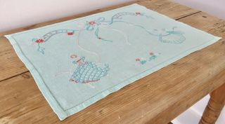 Vintage Merrie England Tray Cloth Hand Embroidered Linen Crinoline Ladies