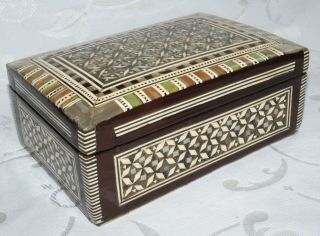 Vintage Writing Trinket Box Marquetry Mother Of Pearl & Wood Inlay Velvet Inner
