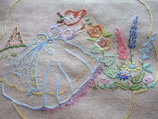 Vintage Hand Embroidered Cushion Cover - Pretty Crinoline Lady & Flora