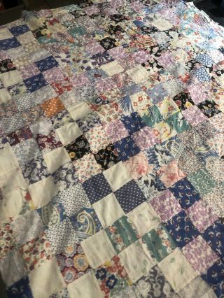 Antique Handmade Quilt Top Squared Small Print Flower “cutter Project 78”x78”