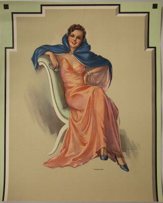 Vintage 1930s Rare Art Deco Jules Erbit Pin - Up Poster Fascinating Caped Beauty