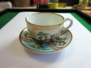 Antique Helena Wolfsohn Miniature Cup & Saucer With Handpainted Scenes C1880
