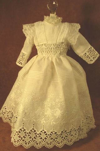 Vintage Doll Dress For 16 " - 17 " Bisque Doll - White Cotton Eyelet Lace W/tucks