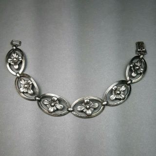 Antique Art Deco Sterling Silver Estate Jewelry Oval Flower Link Bracelet