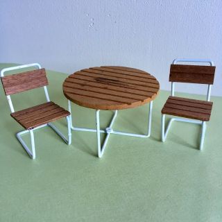 Vtg Lundby Doll House Round Wood/wire Table & Chairs Garden Patio 1967