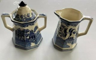 Antique English Ironstone China Sugar Bowl & Creamer Blue Willow