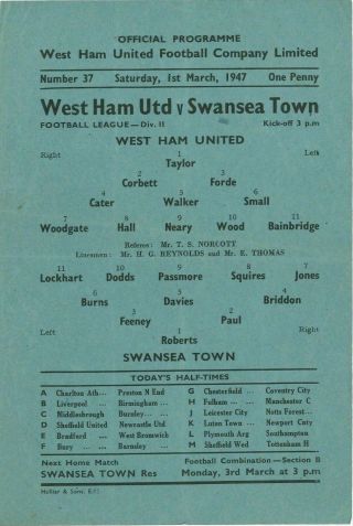 West Ham V Swansea 1947 Emergency Issue Single Sheet & Rare