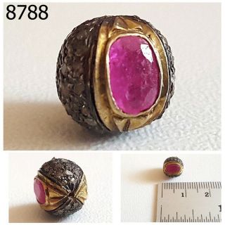 Rare Antique Sterling Silver Ruby Bead W/rose Cut Diamonds,  Gold Plate India