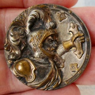 1 5/16 " Antique 1 - Piece Stamped Brass Soldier In Armor W Shield Button