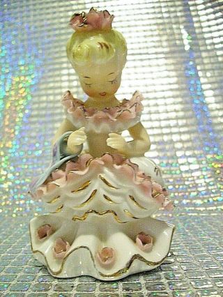 Rare Vtg Japan Pink Ruffle Bloomer Shopper Girl Belle Angel Gold Trim Figurine