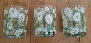 Rare Vintage 3 Signed Culver Ltd Enameled Daisy Lowball Cocktail Glasses 3 " X4 "