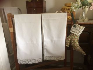 Vintage White Linen Pair Pillowcases Hand Crochet Lace Edge 18.  5 " X 28 "