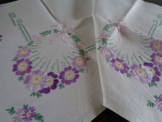 Gorgeous Heavy Linen Vintage Hand Embroidered Purple Flowers Art Deco Tablecloth