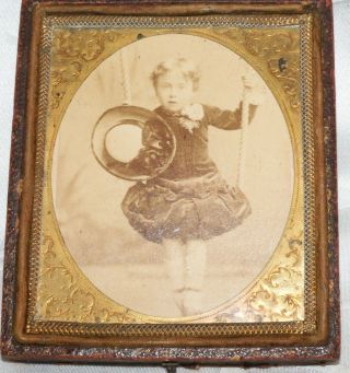 Antique Portrait Image Of A Young Boy On A Swing 1/6th Plate - Framed Case Cdv