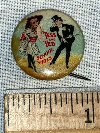 Antique Celluloid Pinback Button Tess & Ted School Shoes Pin Star Brand Clothing