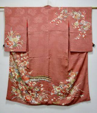 Japanese Kimono Silk Antique Houmongi / Embroidery Bird & Flower / Vintage /306