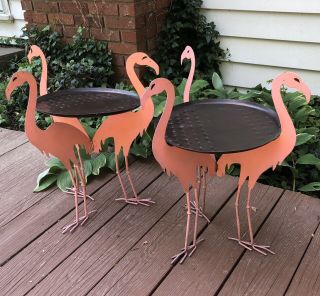 Very Rare Flamingo Set Of 2 Metal Folding Side Tables - Outdoor Patio Deck Decor
