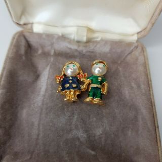 Rare Vintage Small Girl And Boy Enamel Brooch Friends Gift Costume Jewellery