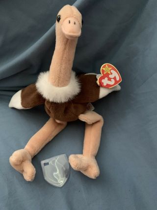 Ty Beanie Baby Stretch The Ostrich 1997 Rare With Errors & Pvc Pellets